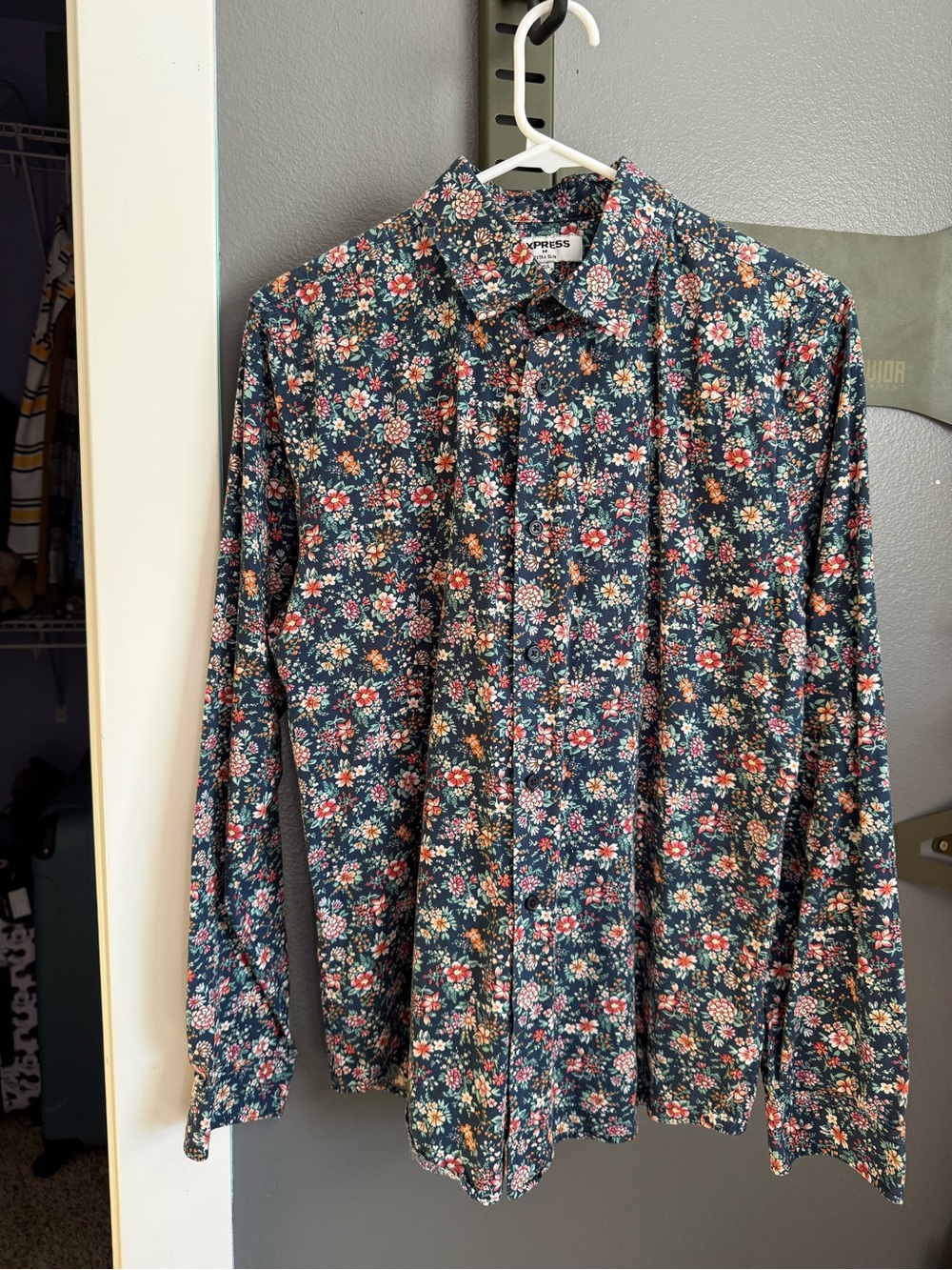 Express Navy Floral Button-Down Shirt with Pink & Cream Blooms
